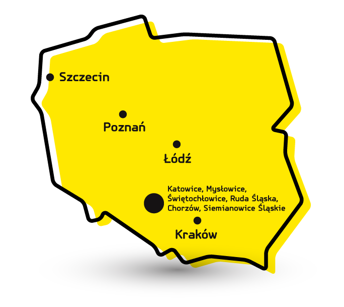 Widać mapę Polski z zaznaczonymi 5 regionami i powiatami, w których realizowany jest projekt ,,Zaprogramuj Przyszłość”. Są to następujące regiony: Łódź, Kraków, Poznań, Szczecin, region Katowicki (miasta: Katowice, Mysłowice, Świętochłowice, Ruda Śląska, Chorzów, Siemianowice Śląskie)